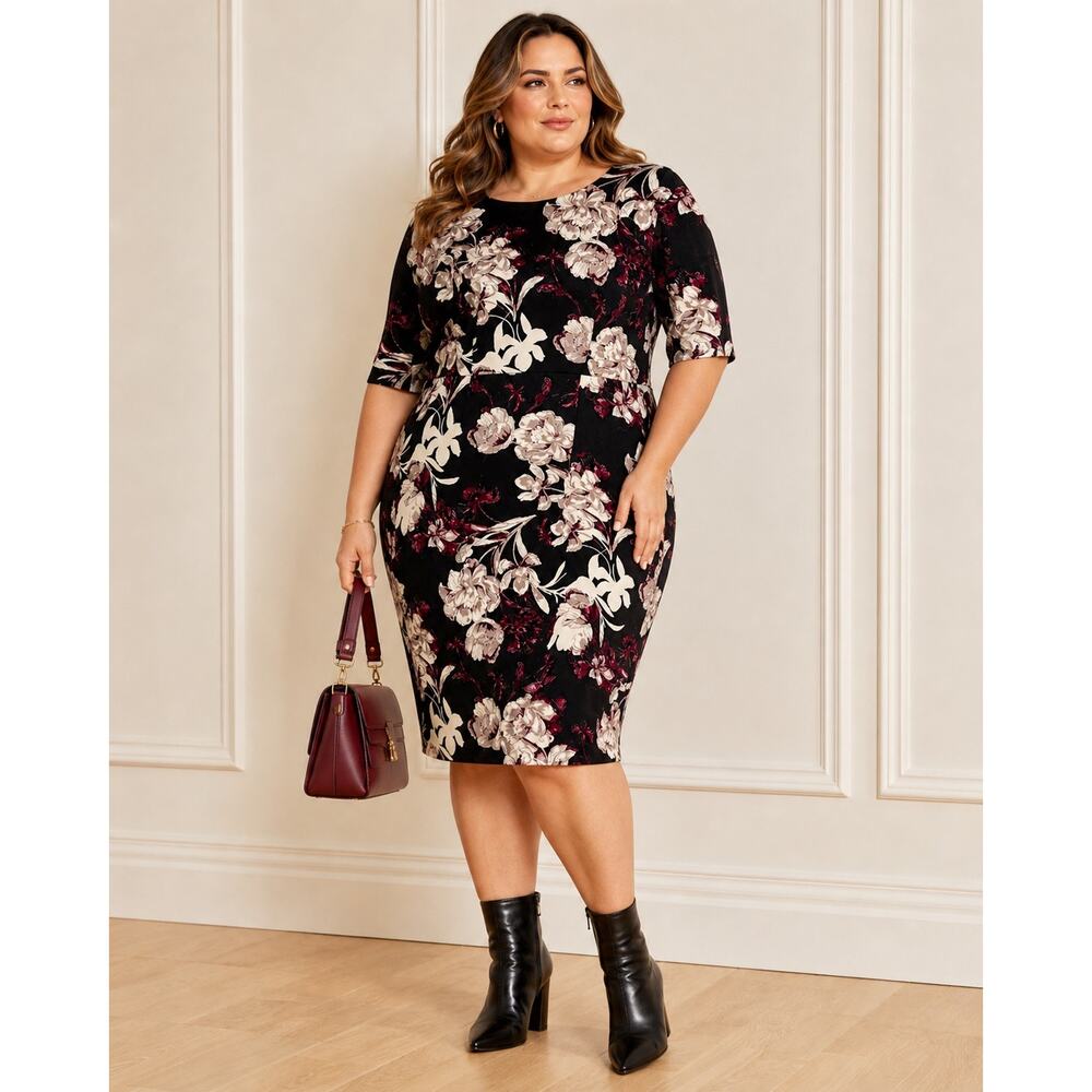Liz Claiborne‎ Dress 18 Dark Floral Sheath Office Siren Career Cocktail Plus